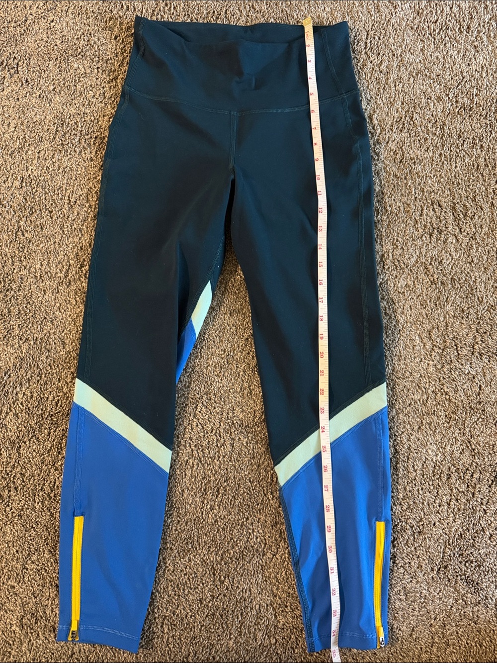 Old Navy Black Leggings with Blue Panels, Pale Green Chevron & Yellow Zips